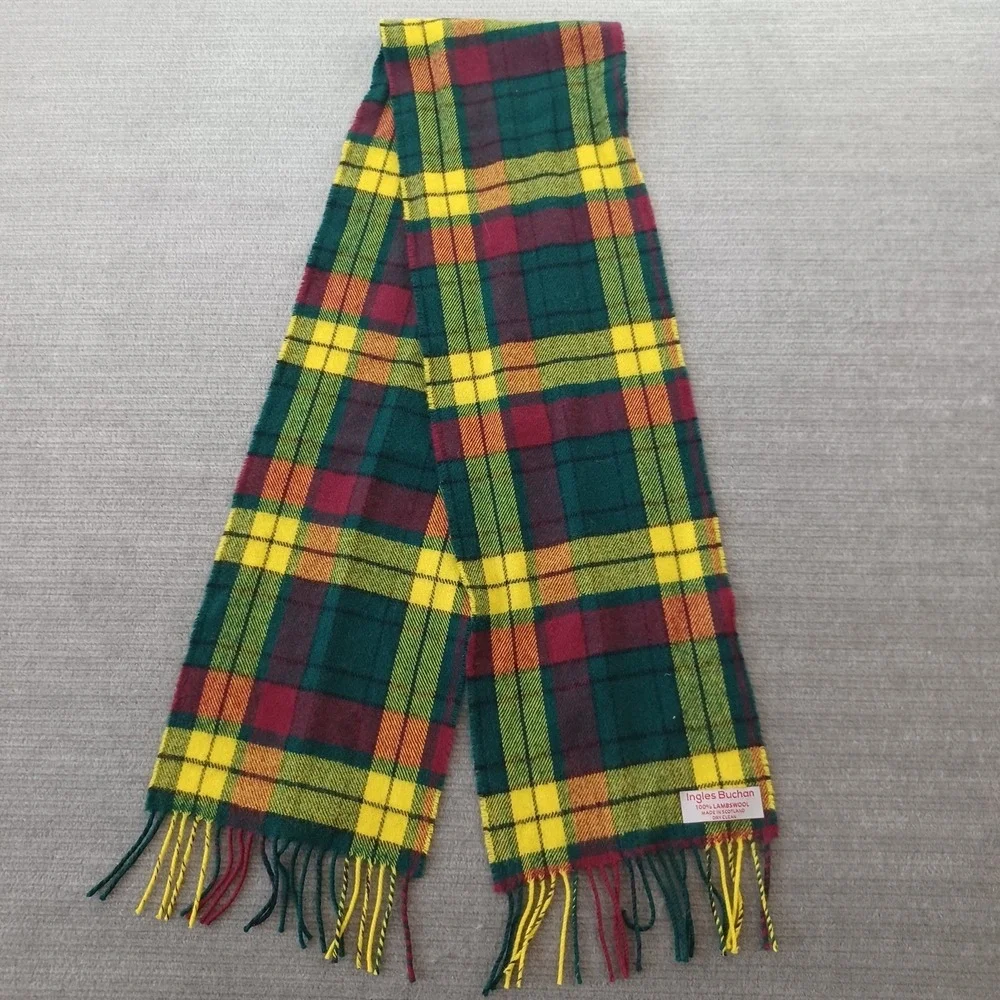 Ingles Buchan Wool Scarf Green Blue Tartan Plaid Fringe Made in Scotland 68